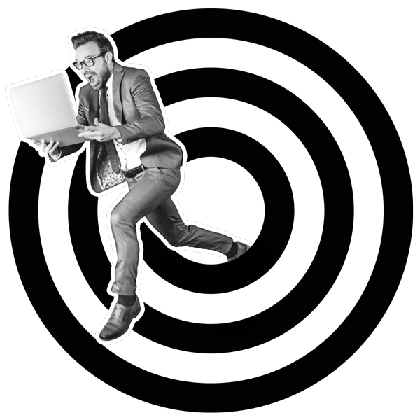 man holding a laptop jumping out of a bullseye